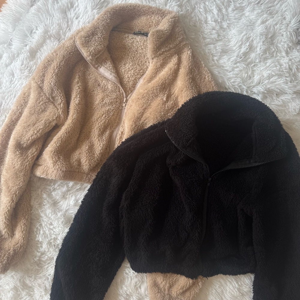 SHEIN Plush Sherpa Zip-Up Jacket bundle - Camel & black